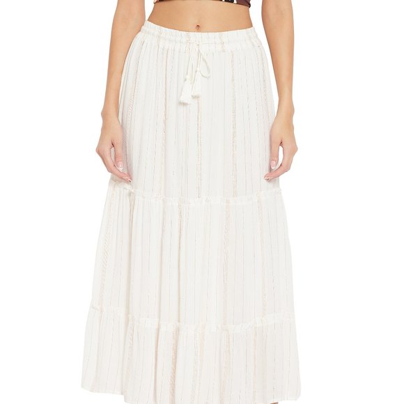 Solid White Rayon Crepe Lurex Skirt for Women - Picture 2 of 6